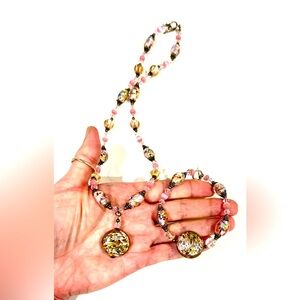 Murano Venetian Glass Bead Necklace Set Wedding Cake Aventurine Gold Black Daisy